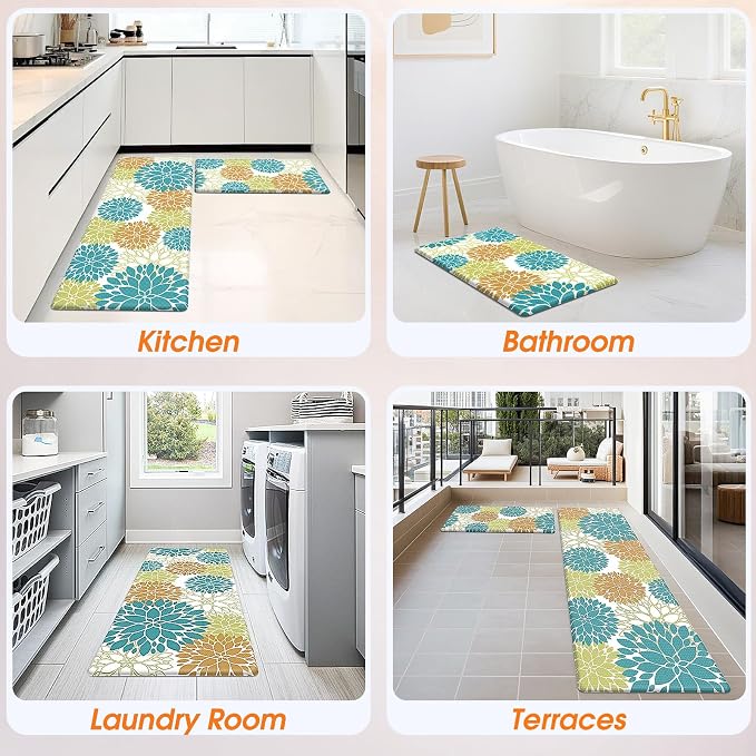 StepLively Kitchen Mats for Floor 2PCS, 0.47" Anti Fatigue Mats for Kitchen Floor, Kitchen Accessories for Sink, Office, Laundry, 17.3"×30"+17.3"×47", Yellow and Green
