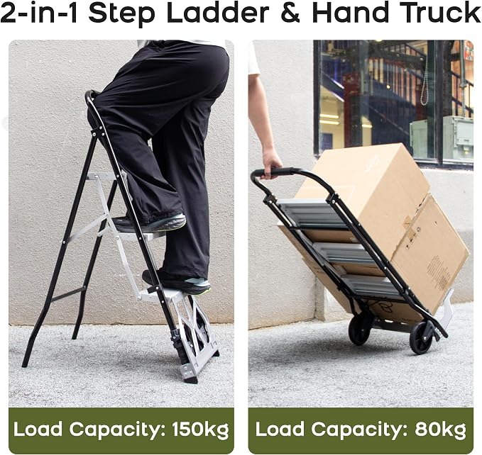 2-in-1 Hand Truck Step Ladder, Dolly Cart Step Stool, Multi-Functional Foldable Hand Trolley and Ladder for Warehouse Garage Office or Home Use (Black-Silver, 3 Step)