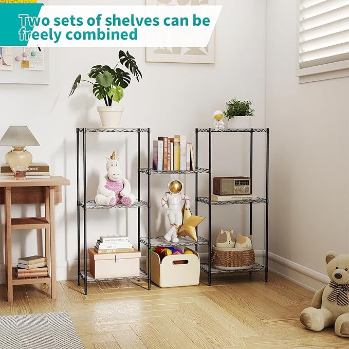 BestOffice | 4-Tier Wire Storage Shelves | 12"D x 18"W x 44"H | Black | with Adjustable Racks PP Liners | Compact Metal Shelf, Holds Upto 600 lbs | Ideal for Kitchens Closets Bathrooms Small Corners