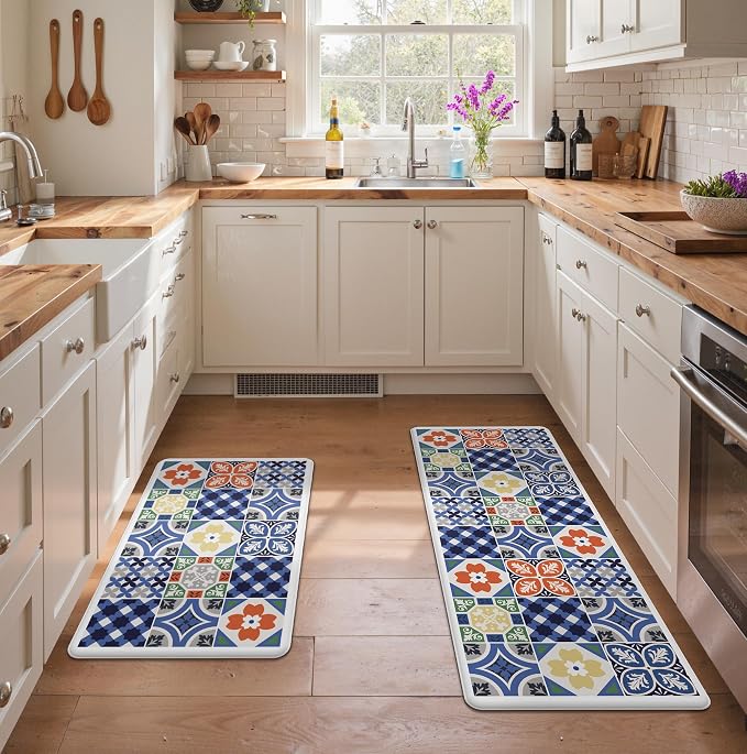 GENIMO Anti Fatigue Kitchen Mats for Floor, Cushioned Non Slip Kitchen Rug, Waterproof Kitchen Floor Mat Runner, Kitchen Mat for Laundry, Sink, Office, Entryway, 17.3"x47"+17.3"x30", Blue