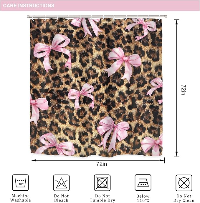 4 PCS Leopard Print Bow Shower Curtain Set 72Wx72H,Toilet Lid Cover,Non-Slip Rugs and U-Shaped Mat,Girly Pink Cheetah Bathroom Sets with Rugs Shower Accessories 12 Hooks for Bathroom Decor