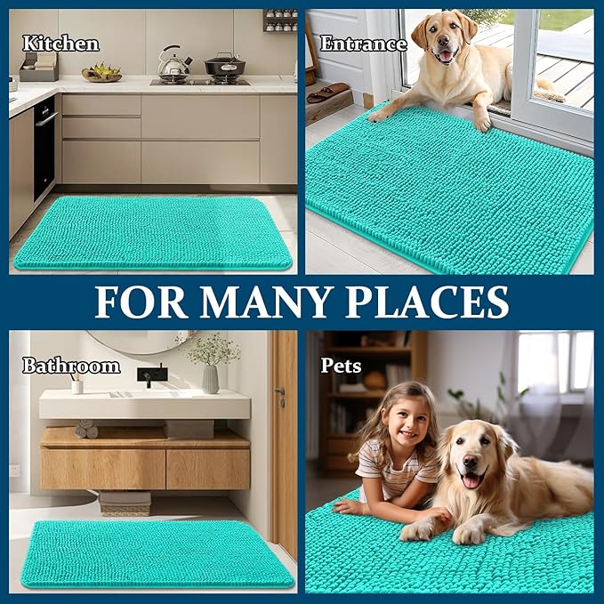OLANLY Dog Door Mat for Muddy Paws 44x32, Absorbs Moisture and Dirt, Absorbent Non-Slip Washable Doormat, Quick Dry Chenille Mud Mat for Dogs, Entry Indoor Entryway Carpet for Inside Floor, Teal