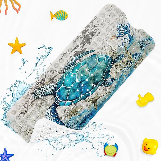 Nesphy Baby Bath Mat for Tub for Kids, Blue Sea Turtle 40 X 16 Inch Extra Long Toddler Bathtub Mat Non Slip, Shower Mat for Tub Anti Slip with Suction Cups and Drain Holes