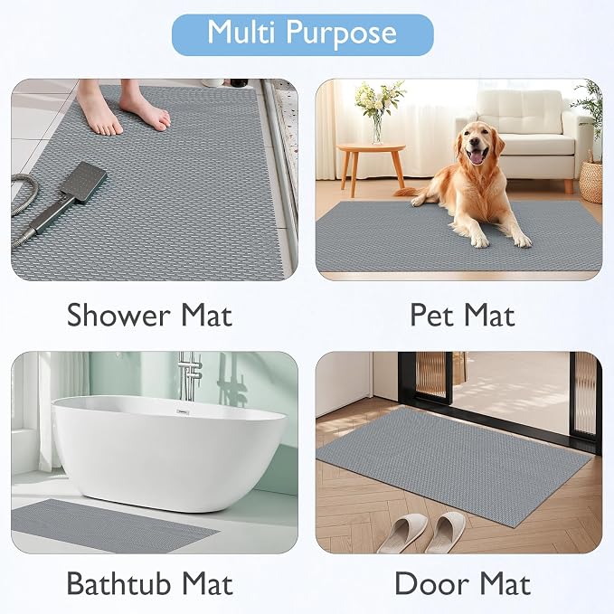 Extra Large Non-Slip Shower Mat, Fast-Dry PVC Bath Stall & Tub Mat, Drain-Hole Design,for Shower Stall Tub for Elderly/Kids，Non Slip Bathroom Safety Accessory，Gray 32"x17"