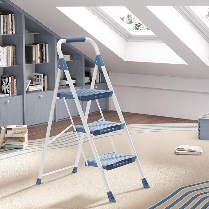 KINGRACK 3 Step Ladder, 900lbs Sturdy Step Stool with Handrail, Non-Skid Wide Pedals, Foldable 3 Stepladder with Safety Locking for Home, Garage, Garden, Office, Blue