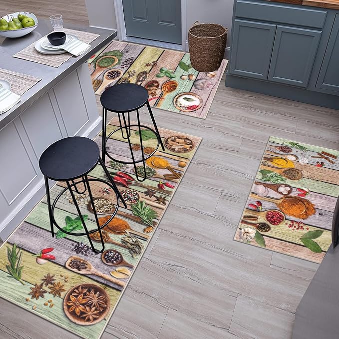 Vaukki Boho Kitchen Rug Sets 3 Pieces, Washable Kitchen Mats for Floor, Non Slip Soft Kitchen Area Rug Floor Mat for Kitchen, Laundry Room and Hallway (Spice-Colorful, 20''x32''+20''x47''+20''x59'')