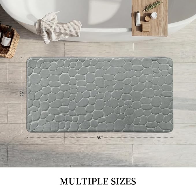 YIHOUSE Memory Foam Runner Rug, Cobblestone Bathroom Runner Rugs Super Water Absorbent Bath Mats for Bathroom Machine Washable Bath Rugs for Hallway Bedroom Laundry Room(26 x 50,Light Gray)