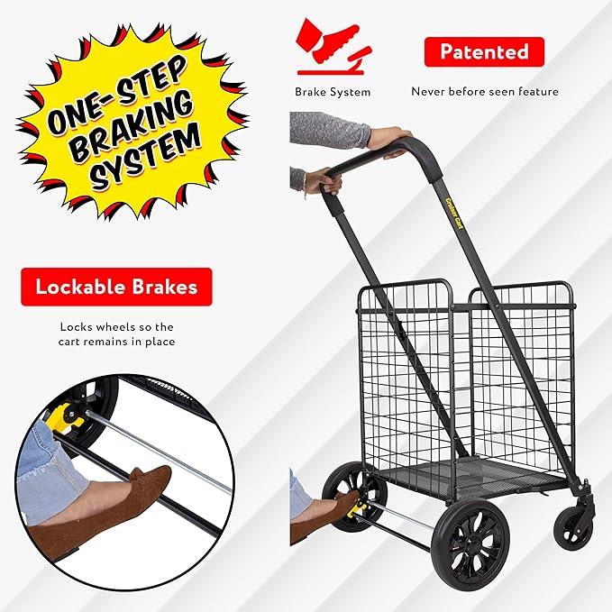 dbest Products Cruiser Cart Deluxe 2 Shopping Grocery Rolling Folding Laundry Basket on Wheels Foldable Utility Trolley Compact Lightweight Collapsible, Black