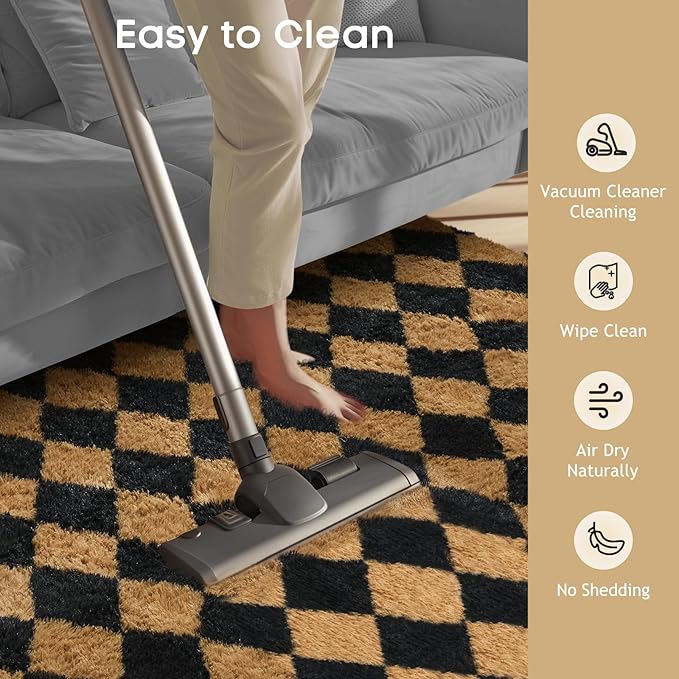 Ophanie 8x10 Black & Beige Diamond Checkered Rugs for Living Room Bedroom, Large Rhombus Fluffy Soft Fuzzy Area Rugs, Plush Shaggy Bedside Floor Carpet for Kids Baby Teen Dorm Home Decor Aesthetic