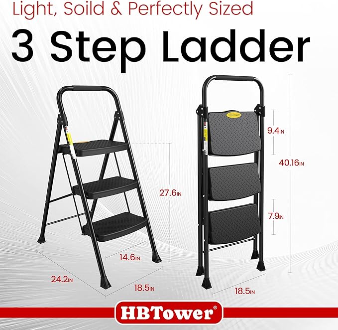 HBtower Step Ladder Sturdy, Heavy Duty Step Stool for Adults, Wide Anti-Slip Pedal Step Ladder Folding Step Stool for Home and Kitchen, Garage, Outdoor