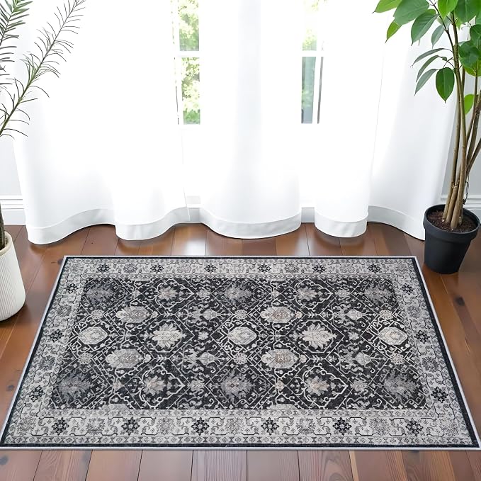 Washable 2x3 Entryway Area Rug: Vintage Soft Thin Door Mat with Non Slip Backing Water Resistant Carpet for Bedroom Low Pile Floor Mat for Kitchen Bathroom Easy Clean Rug for Family (2 X 3, Black)