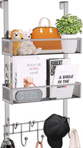 Consumest Over The Door Hooks Organizer - 3 Tier Door Hanger with 9 Coat Hooks & 2 Mesh Basket, Back Storage Organizer Hanging Towels for Bathroom, Bedroom, Sand Nickel