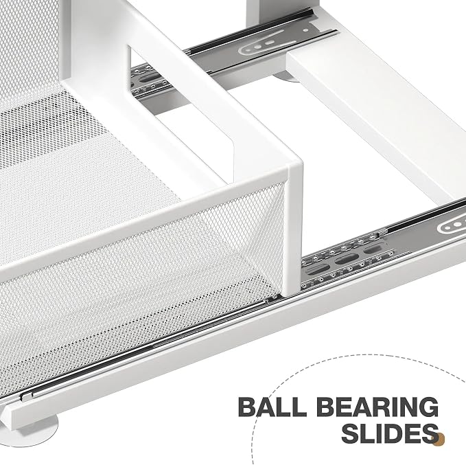 1 Pack 15.74IN-Depth Under Sink Organizer with Next-Gen Ball-Bearing Slides,2-Tier Pull Out Cabinet Storage,Height Adjustable Drawer Shelf for Bathroom,Kitchen,Laundry,Cabinet,Pantry-White