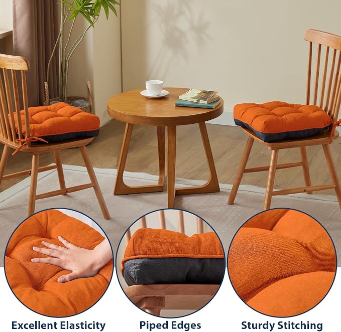 IASEAHK Chair Cushions for Dining Chairs, Seat Cushions for Kitchen Chairs, Indoor Seat Cushions with Ties, Tufted Foam Chair Pads, Non Slip Chair Cushions Set of 4, 15.5" x 15.5" x 4", Orange