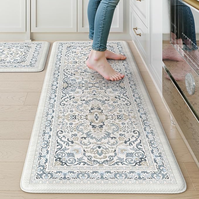 KIMODE Anti Fatigue Mats for Kitchen Floor,Boho Vintage Floral Rugs Sets of 2,Cushioned Carpet Non Slip for Laundry,Wide Memory Foam Runner for Sink Office,Light Blue 20"x47"+20"x32"