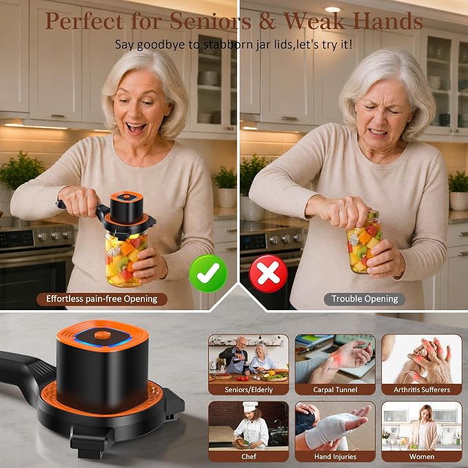 Electric Jar Opener for Seniors with Auto-Adjusting Gripper, Rechargeable Jar & Bottle Openers for Weak Hands & Arthritis, Easy Twist Off Lid Opener with Rubber Gripper Pad, Fits 1"-3.5" Lids(Orange)