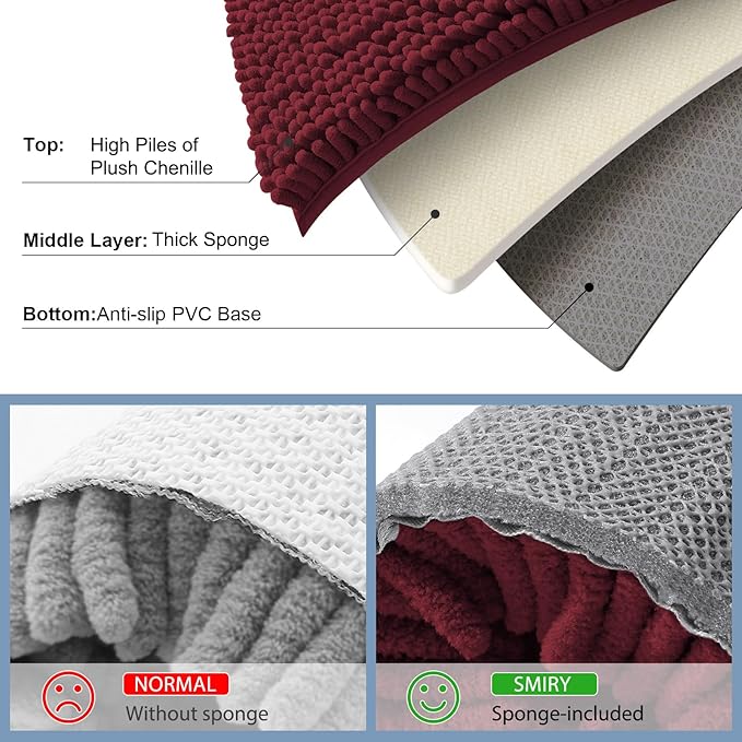 Smiry Luxury Chenille Bathroom Rugs 45x27, Extra Soft and Absorbent Shaggy Bath Mat, Machine Washable, Non-Slip Plush Carpet Runner for Tub, Shower, and Floor, Home Decor Accessories, Burgundy