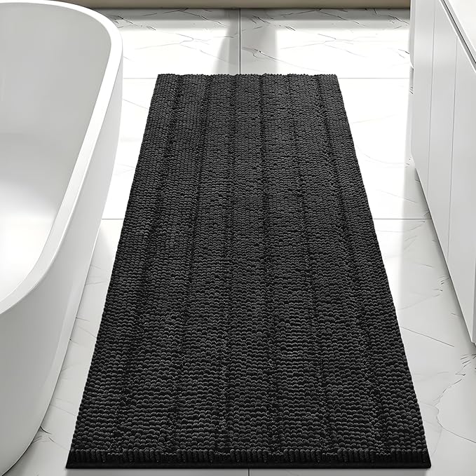 Bcoimo Long Bathroom Rug, Chenille Bath Runner with High Low Pile Design, Soft Absorbent Non Slip Bath Mat, Machine Washable Quick Dry Rug for Shower, Tub, Sink and Vanity