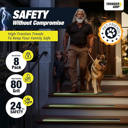 THUNDER GRIP Glow in the Dark 24" x 4"-8-Pack Weather Resistant Outdoor Stair Treads 80-Grit