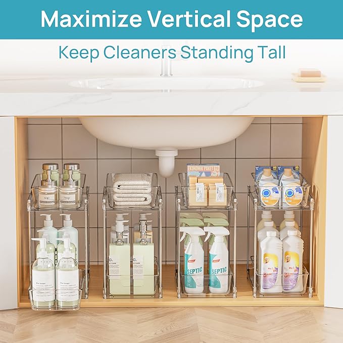 Vtopmart 4 Pack Higher Bathroom Organizer, 2 Tier White Under Sink Organizers Vanity Countertop Storage Container,Cabinet Drawers Bins, Pull-Out Organization with Track for Pantry, Kitchen