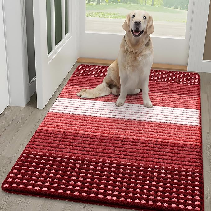 Kitinjoy Indoor Outdoor Door Mat, 48x30 Non-Slip Absorbent Dirt Trapper, Low-Profile Washable Inside Entrance Front Floor Mat, Sturdy Soft Entry Dotted Ombre Doormats for Entryway, Burgundy