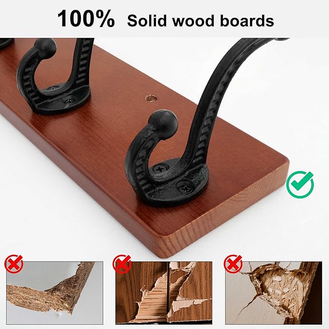 WEBI Rustic Coat Rack Wall Mount,30" Long 7 Cast Iron Coat Hooks Wall Mounted,Heavy Duty Wood Wall Coat Hanger Hooks for Hanging Coats,Jacket,Clothes,Backpack,Farmhouse,Cherry