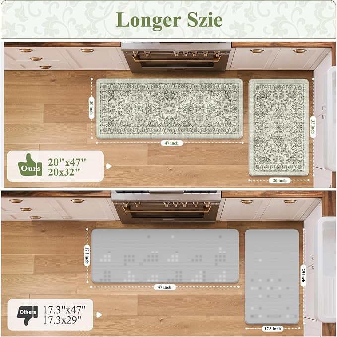 KIMODE Anti Fatigue Mats for Kitchen Floor Non Slip,Boho Vintage Floral Rugs Sets of 2,Cushioned Carpet Non Slip for Laundry,Wide Memory Foam Runner for Sink Office,Green 20"x47"+20"x32"