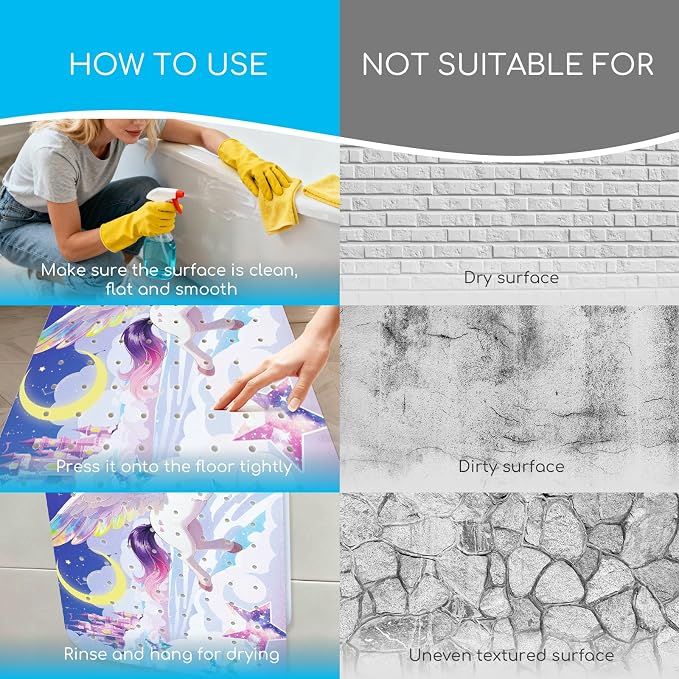 Baby Bath Mat for Tub, Non Slip Kids Bath Shower Mat, 40 X 16 Inch Large Bathtub Mat with Drain Holes and Suction Cups for Toddlers, Machine Washable and Waterproof (Unicorn)