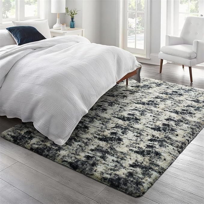 Ophanie 6x9 Black Gold and Grey Area Rugs for Living Room, Large Dark Black Gold Fluffy Shag Fuzzy Plush Soft Carpets, Floor Shaggy Rugs for Bedroom, Carpet for Boys Dorm Nursery Home Decor Aesthetic