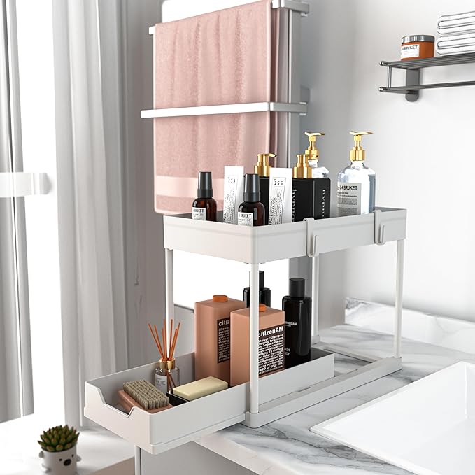 MEAFBIRD 2 Pack Under Sink Organizer, 2 Tier Bathroom Cabinet Organizer with Sliding Basket, Multi-Purpose Under Sink Organizers and Storage for Bathroom Kitchen (White 2 Pack)