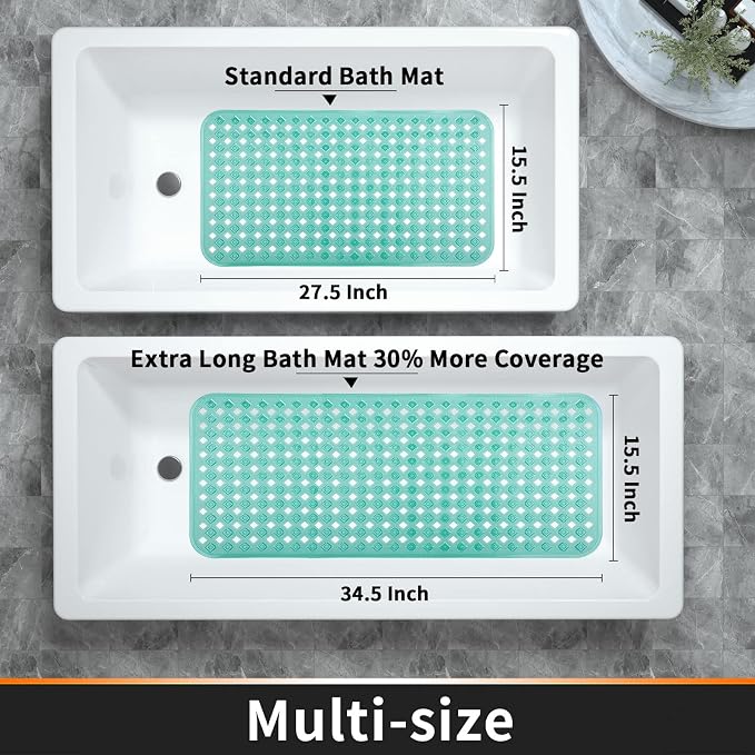 Yimobra Bathtub Mat Non Slip, 35"X16" Shower Mat with Strong Suction Cups&Drain Holes, Long Anti Slip Bath Tub Mat for Inside Shower, Machine Washable Fast Drying, Bathroom Essentials, Clear Green