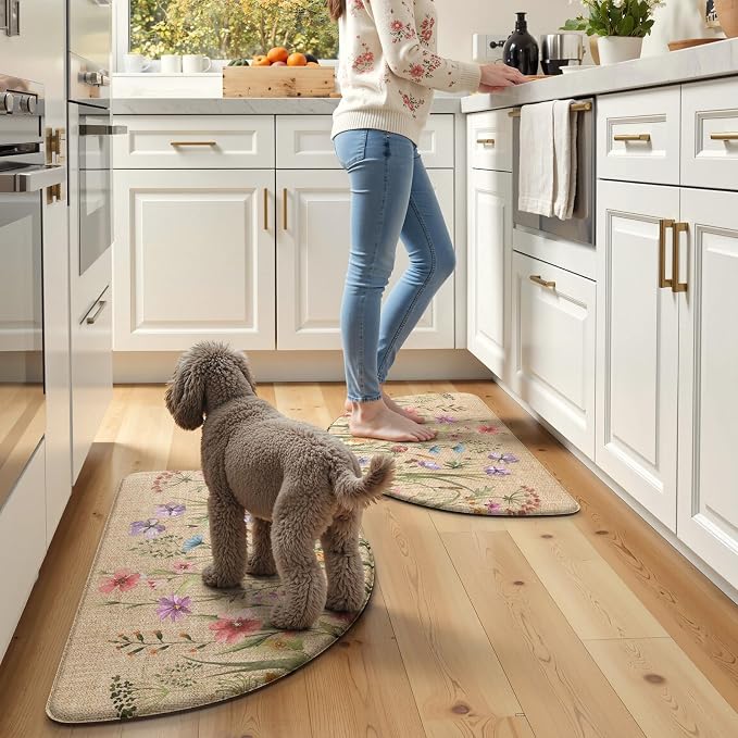 KIMODE Kitchen Mats for Floor Anti Fatigue, 18"x28" Half Round Cushioned Kitchen Floor Mats, Ergonomic Waterproof Standing Mats, Boho Kitchen Rugs Sets of 2 Non Skid for Laundry Office Light Brown