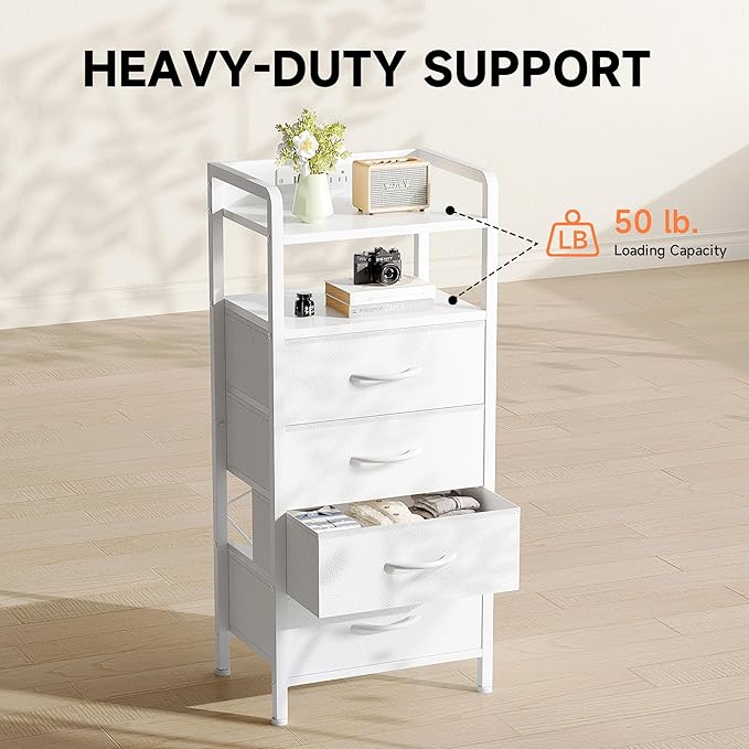 Lazzanto Night Stand Bedside Charger Bedroom - Nightstand with Charging Station, 2 U-S-B Ports & 2 AC Outlets, Tall Bed Side Table with LED Light Strip, Storage Shelf & 4 Fabric Drawers, White