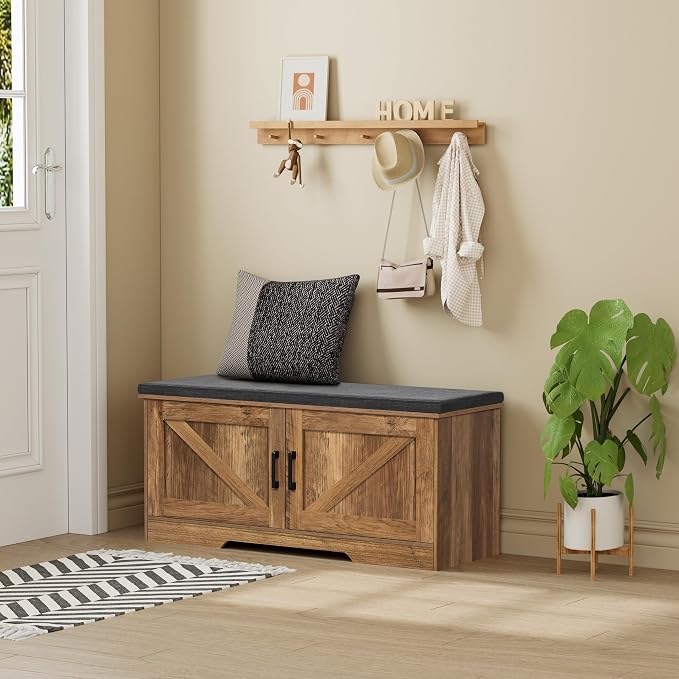 HOMSHO 2-Tier Storage Bench, 39.4" Wide Shoe Bench with Padded Seat Cushion, Entryway Bench with 2 Barn Doors and Adjustable Shelf, Rustic Walnut