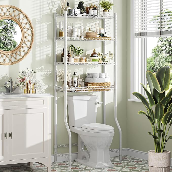 Simple Trending 4 Tier Over The Toilet Storage Rack, Bathroom Organizers and Storage Over Toilet with Adjustable Shelf and Basket, White