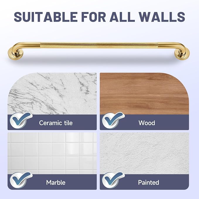 36 Inch Shower Grab Bar, Brushed Gold Anti Slip Safety Bars, 304 Stainless Steel Bathroom Handrail, Handicap Grab Bars for Wall, Shower Grip Handle for Seniors Elderly Injury Assist Bath (1.25" Dia)