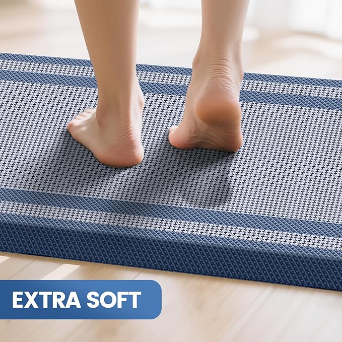 KitchenClouds [2 PCS Kitchen Rugs Cushioned Anti-Fatigue Kitchen Mats for Floor Waterproof Kitchen Rug Set Non-Slip Comfort Standing Mat for Office, Sink, Laundry 17.3"×28"+17.3"×60",Blue