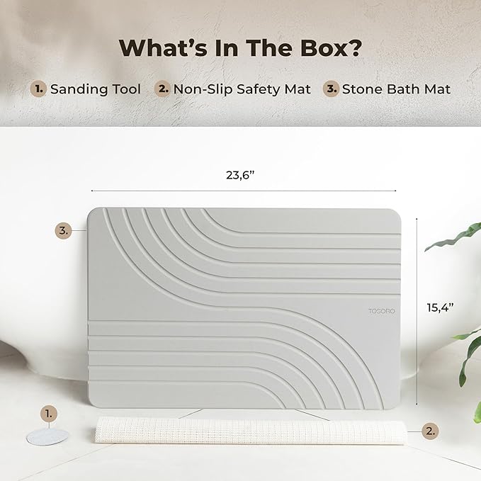 TOSORO - Stone Bath Mat Diatomaceous Earth Shower Mat Non-Slip Super Absorbent Diatomite Stone Bath Mats for Bathroom Floor Quick Drying Natural Easy to Clean (23.5 x 15) - Grey