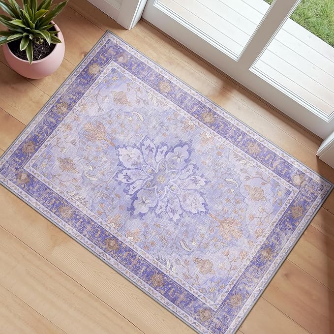 RELEANY Area Rugs Small 2'x3' Washable Non-Slip, Floral Vintage Distress Medallion Carpet for Kitchen Entryway Bathroom, Light Purple Brown