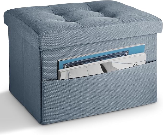 LINMAGCO Storage Ottoman Folding Foot Stool Ottoman with Side Pocket Modern Short Sofa Stool Linen Cloth 17x13x13(FogBlue)