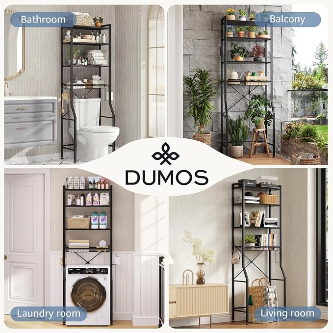 DUMOS Over-The-Toilet Storage Rack, 4-Tier Freestanding Bathroom Organizer Shelf Over Toilets with Adjustable Shelf and Basket, Space Saver Above Toilet Storage Cabinet with 3 Hooks for Rooms, Black