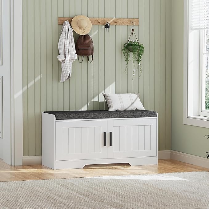 Homleke 2-Tier Storage Bench, Shoe Bench with Thickened Padded Seat Cushion, Entryway Bench with 2 Doors, Adjustable Shelf, 13.8" D x 37.4" W x 18.5" H, for Entryway, Living Room, Bedroom, White