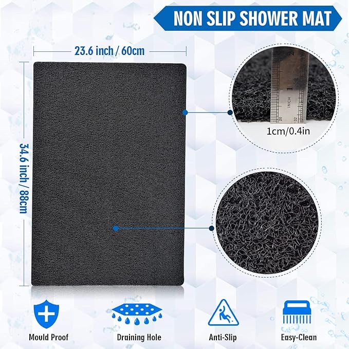 godehone Shower Mats Non Slip Without Suction Cups, PVC Loofah Bathroom Mats, Loofah Mats for Shower and Bathroom, Quick Drying, 23.6× 34.6 Inch, Black