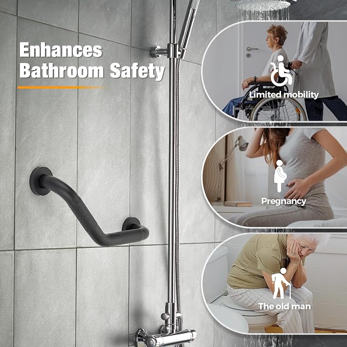 Grab Bars for Bathtubs and Showers- 1-1/4 x 16 Angled Shower Grab Bar for Seniors Knurled Stainless Steel Handicap Grab Bars for Wall (Black, 2 Pack)