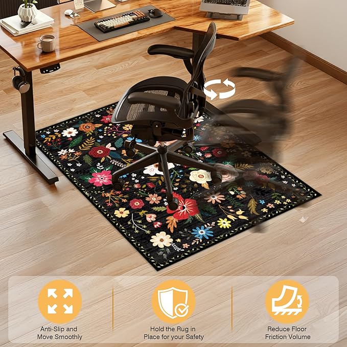 Office Chair Mat for Hardwood Floor & Tile Floor,36"x48"Heavy Duty Desk Chair Mat for Hard Floors, Under Desk Rug for Rolling Computer Chair,Anti Slip,Low Pile Carpet Floor-Black Multicolor Flower