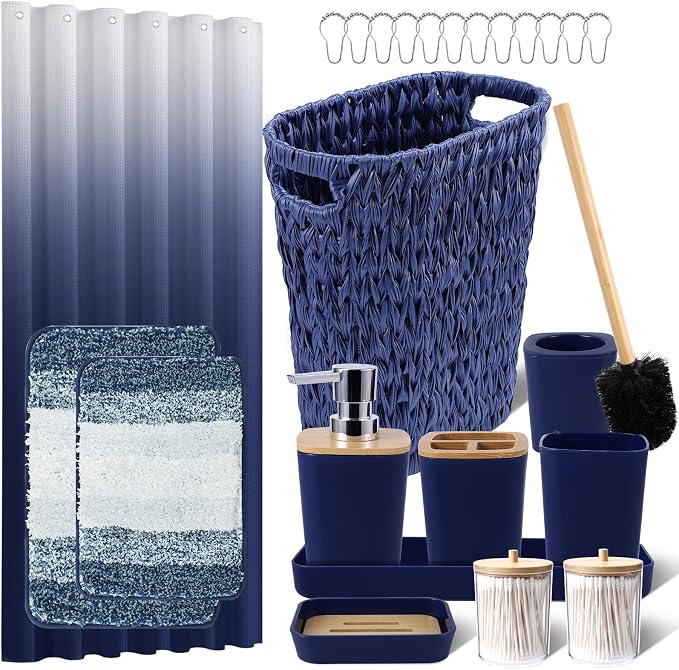 XLHOMO Navy Blue Bathroom Accessories Set with Wicker Trash Can Shower Curtain and Rugs,Bathroom Sets Small Waste Basket Bathroom Trash Can for Bedroom Bathroom