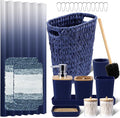 XLHOMO Navy Blue Bathroom Accessories Set with Wicker Trash Can Shower Curtain and Rugs,Bathroom Sets Small Waste Basket Bathroom Trash Can for Bedroom Bathroom
