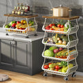 SAYZH Fruit Basket Kitchen Pantry Organizers and Storage - Wooden Top Table, Stackable Metal Wire Basket Stand Cart for Fruit Vegetable Snacks Onion Potato Organization (White, 5 Tiers)