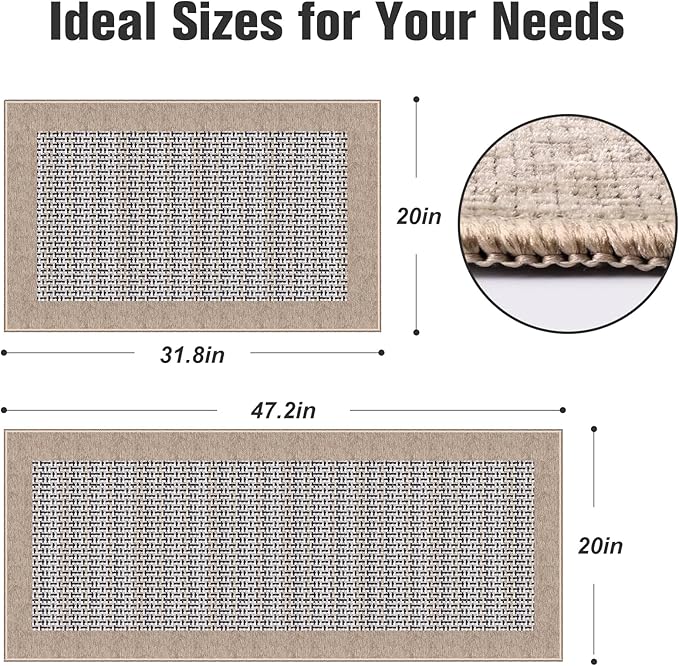 StepRite Kitchen Mats for Floor, Non-Slip Kitchen Rugs Set of 2 PCS, Super Absorbent Washable Kitchen Mats with Rubber Backing, Runner Mats for Front of Sink (20"x32"+20"x47" Khaki)
