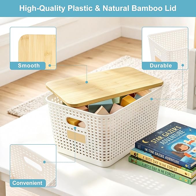 Bagnizer 2 Pack Tall Plastic Storage Bins with Bamboo Lids, 10.8qt Stackable Storages Baskets for Organizing Desktop Closet Playroom Classroom Office, 12"L x 8.3"W x 6.1"H, Cream White
